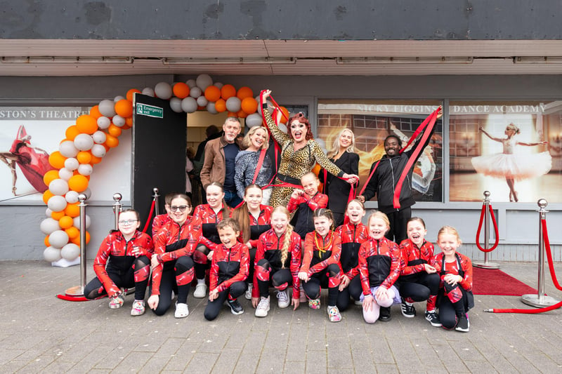 Nicky Figgins with Betty Legs Diamond with teachers and students at the official of opening of Stage Door Dance Studios in Bispham. Photo: Kelvin Lister-Stuttard