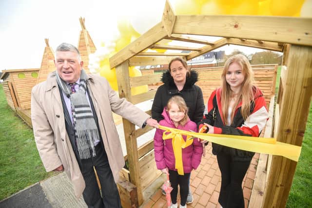 Opening of new play area at Larkholme Primary School in memory of Lucy Willacy-Brown. Pictured are former headteacher David Fann with Nikki Willacy and Alesha and Katie Willacy.