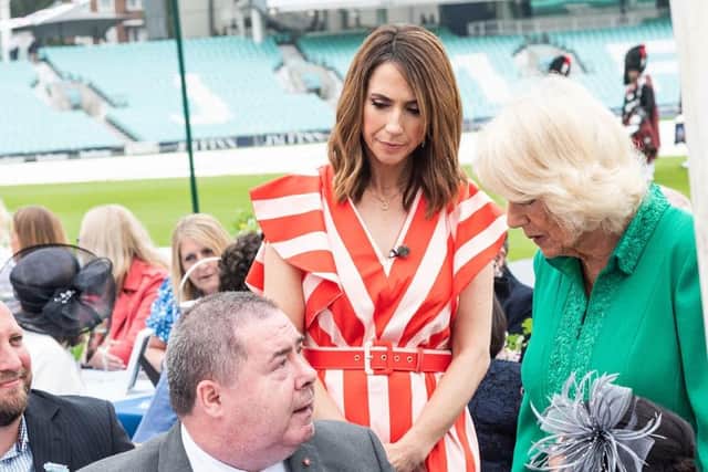Jon Bamborough at the Platinum Champions event at The Oval, with Alex Jones from The One Show and Camilla, Duchess of Cornwall.