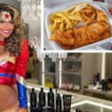 Main image: Charlotte Dawson reveals her giveaway dressed as superwoman (image by charlottedawsy on Instagram). Inset: Fish and chips by Meelan Bawjee on Unsplash