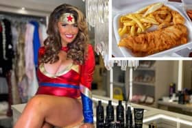 Main image: Charlotte Dawson reveals her giveaway dressed as superwoman (image by charlottedawsy on Instagram). Inset: Fish and chips by Meelan Bawjee on Unsplash