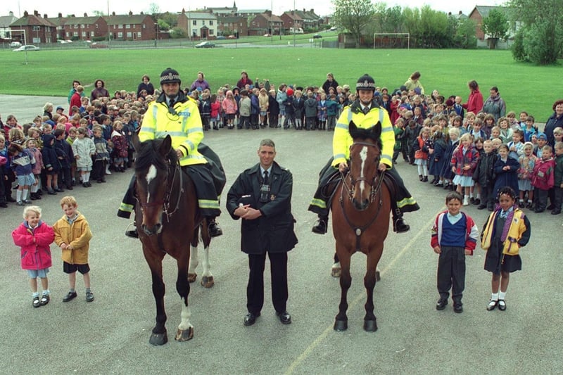 Layton Community Bobby PC John Crystal, with colleagues from the Lancs Constabulary Mounted Division - PC Phil Walsh and  WPC Cath Grice during their visit to Layton County Primary School, Blackpool.