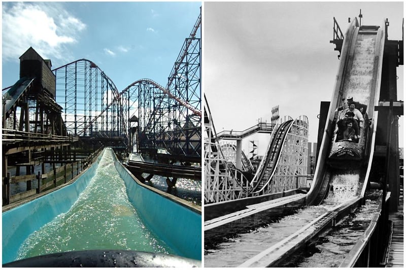 The Log Flume was everyone's favourite childhood ride at Blackpool Pleasure Beach. Two pictures from different eras show the very last ride in 2006 to the left and a scene from  the 1980s - the anticipation on their faces is palpable
