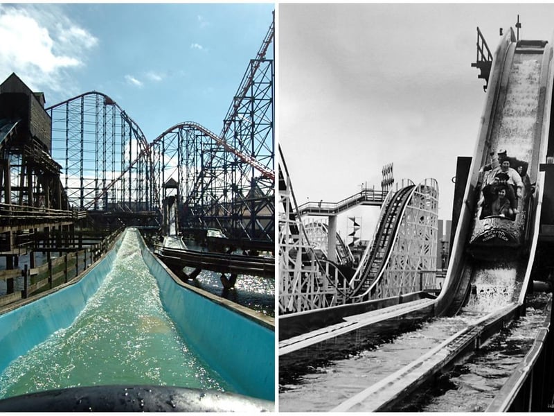 The Log Flume was everyone's favourite childhood ride at Blackpool Pleasure Beach. Two pictures from different eras show the very last ride in 2006 to the left and a scene from the 1980s - the anticipation on their faces is palpable