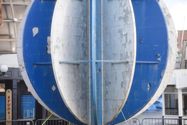 Close-up of the Big Dipper's famous topper. The Blackpool Pleasure Beach ride is being refurbished for its 100th anniversary and the topper will be given a pristine new paint job.