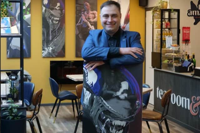 Shamack Malachowski from the Ink Den tattoo business in Albert Road has an art exhibition at neighbouring tearoom and gallery Tea Amantes