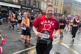 Blackpool man man Kieran Cooper, who was born with two serious heart problems, has successfully completed the London Marathon. Here he is during his epic run