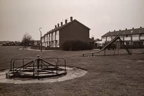 Waddington Road Play area in January 1987. The caption on the back of the photo says 'swings, slides and see-saws have been condemned as dangerous and should be removed immediately to prevent accidents'
