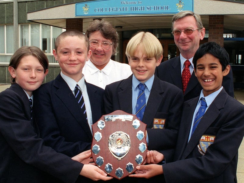 Collegiate High School headteacher Keith Clark with four members of Collegiate High School maths team which won the Blackpool Maths Challenge Shield. Pictured (from left), Lee Robinson, David Downes, Daniel Brady and Simon Gupta. Also pictured is maths teacher Sheila Beniston, 1999