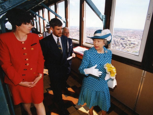 The Queen took in the views of the Fylde Coast when she went up Blackpool Tower during her visit in 1994. She is seen here with Katherine O'Connor of First Leisure and Tower general manager Steve Brailey.