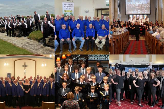 Lancashire Choir of the Year 2022 finalist (clockwise from top left): Rossendale Male Voice Choir, Aughton Male Voice Choir, Clitheroe Parish Church Amateur Operatic Dramatic Society (CPCAODS) Show Choir, Red Rosettes Show Choir, Lancaster Royal Grammar School Choir and Blackpool Male Voice Choir