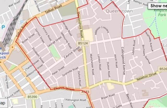 Brunswick area of Blackpool shaded pink on map.