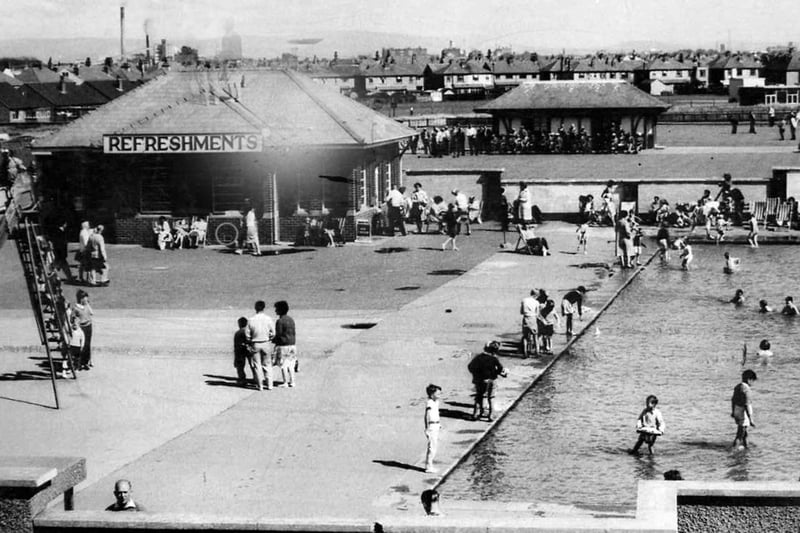 The Jubilee Gardens and Cafe in Cleveleys in May 1976 showing the open air paddling pool, children's playground and bowling greens