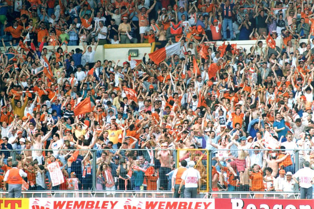 Crowds of fans at the Blackpool v Scunthorpe 30 years ago in the 1992 play-off at Wembley
