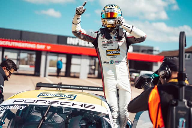 Adam Smalley from Poulton celebrates his success at Donington Park