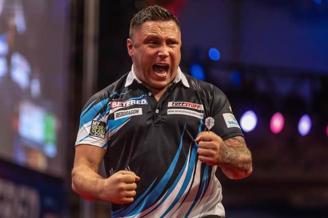 Gerwyn Price celebrates victory over Stephen Bunting at Blackpool's Winter Gardens Picture: Taylor Lanning/PDC