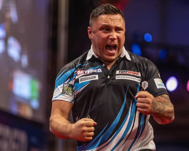 Gerwyn Price celebrates victory over Stephen Bunting at Blackpool's Winter Gardens Picture: Taylor Lanning/PDC