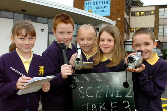 The film crew at Mereside Primary School, 2008. From left, Kayleigh Walsh (9), Keiron Bernthal (10),  Hannah Dewhurst (10), Amanda Drury (9) and Paul Stevens (9).