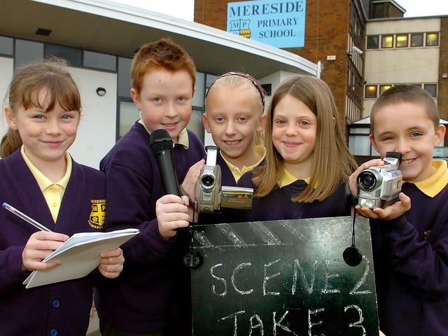 The film crew at Mereside Primary School, 2008. From left, Kayleigh Walsh (9), Keiron Bernthal (10), Hannah Dewhurst (10), Amanda Drury (9) and Paul Stevens (9).