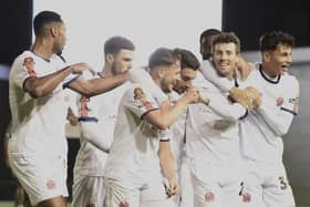 Danny Whitehead is congratulated after giving AFC Fylde the lead against Boreham Wood Picture: Steve McLellan