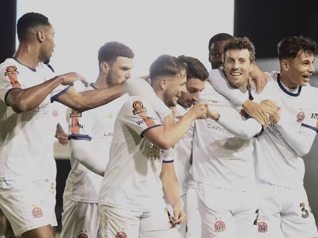 Danny Whitehead is congratulated after giving AFC Fylde the lead against Boreham Wood Picture: Steve McLellan