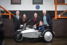 A blue plaque is unveiled at The Armfield Club where the Swallow Side Car was built in 1922. Pictured is deputy mayor Peter Hunter and deputy mayoress Anne-Marie Hunter with Tony Merrygood, Joan Humble and John Barnett.