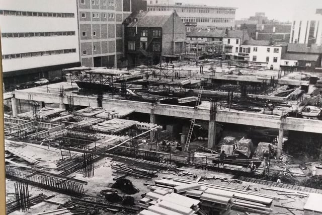 An aerial shot of Houndshill car park under construction, looking north towards Victoria Street