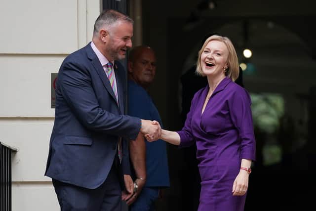 Liz Truss and Conservative Party chairman Andy Stephenson arriving at the Conservative Campaign Headquarters (CCHQ) in London, following the announcement that she is the new Conservative party leader, and will become the next Prime Minister