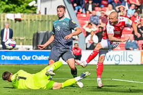 Joe Garner scores Fleetwood Town's winning goal on Saturday Picture: Adam Gee