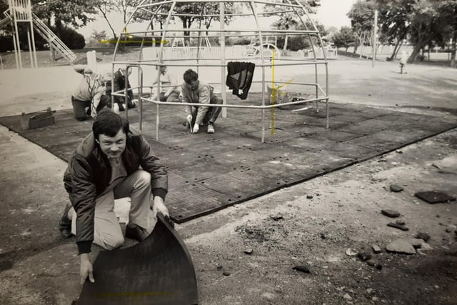 Thousands of rubber mats were being fixed under swings and roundabouts in parks during the late 80s and early 90s - such as this in Kingscote Park
