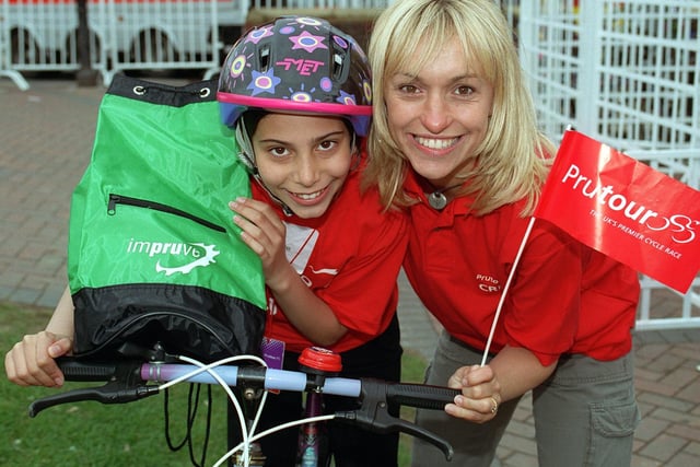 Natalie Sahal (11) from Stanley junior school with Michaela Strachan in 1999. The picture was taken for the Prutour Cycle Race