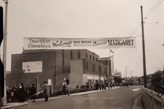 Banners on Rossall Road welcome Princess Margaret to Cleveleys in 1954