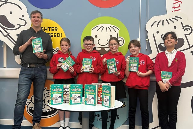 Jeff Kinney with pupils at Hawes Side Academy in Blackpool
