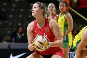 Blackpool's Eleanor Cardwell in action as England defeat Australia at the Netball World Cup in Cape Town (Photo by Ashley Vlotman/Gallo Images/Netball World Cup 2023 via Getty Images)