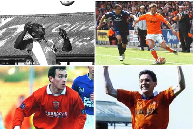 A montage image of Blackpool FC players on the pitch in new season kits through the years