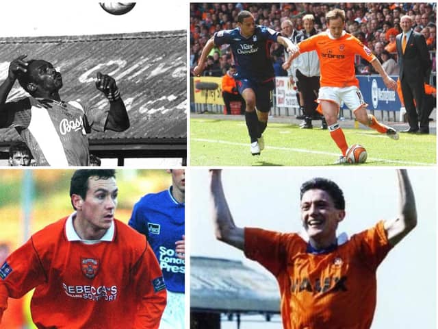 A montage image of Blackpool FC players on the pitch in new season kits through the years