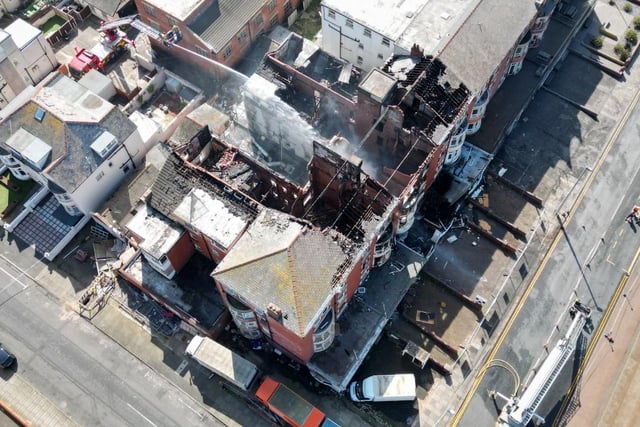 Arial shot as firefighters continue to work to control the devastating blaze at New Hacketts Hotel on Blackpool promenade. Photo by Dave Nelson