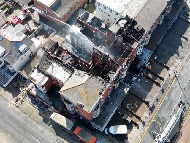 Arial shot as firefighters continue to work to control the devastating blaze at New Hacketts Hotel on Blackpool promenade. Photo by Dave Nelson