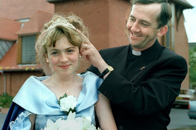 Father Graham Rainford crowns his daughter Clare (aged 13) Rose Queen  of his Church - St Christophers in Marton, 1997