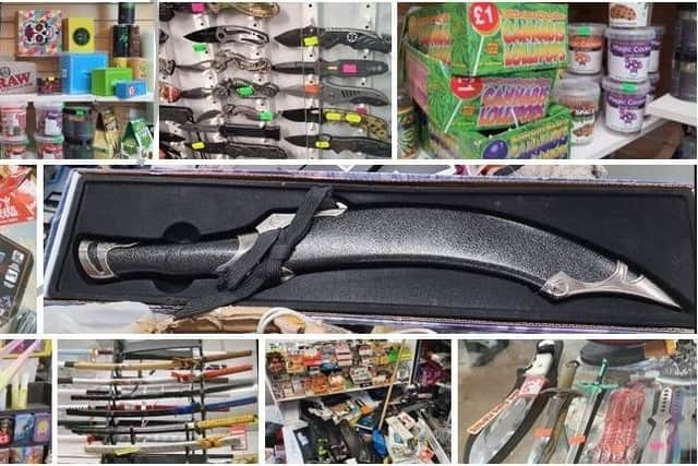 Around 3,000 knives including ‘Zombie Knives’, samurai swords, machetes, hunting knives and crossbows - as well as a large quantity of edible drugs marketed towards children - were seized from a market stall in Blackpool on Monday (July 4)
