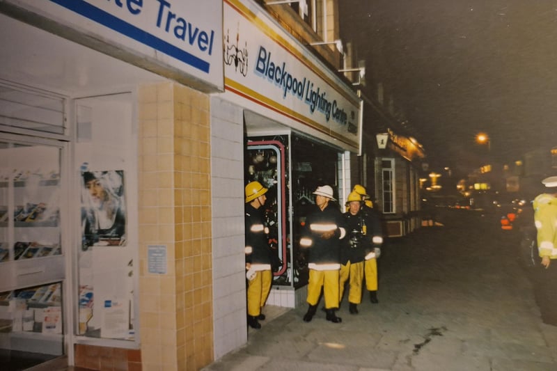 Firemen outside Blackpool Lighting Centre in Topping Street, 1992