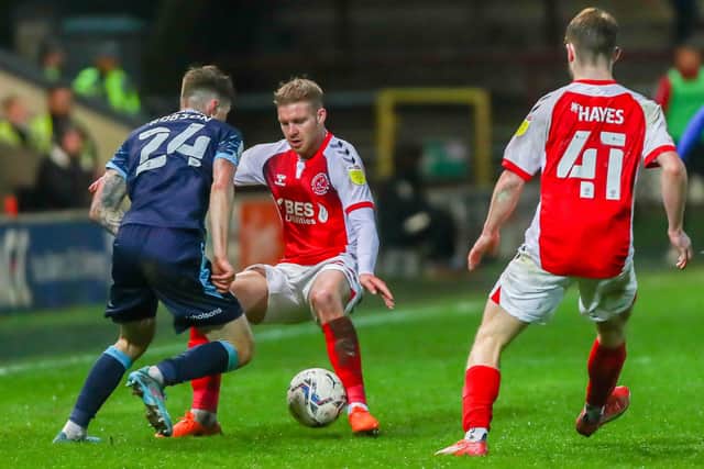 Fleetwood scorer Dan Batty in the thick of the action against Lincoln Picture: SAM FIELDING / PRiME MEDIA IMAGES
