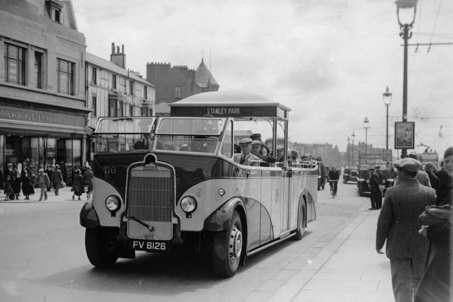 A streamlined single-decker bus in Blackpool in 1935