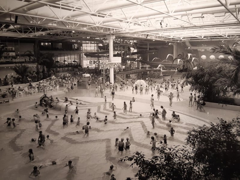 A packed Sandcastle in the late 80s. It has changed almost beyond recognition. The wave pool, two slides, terraces, palm trees and a constant temperature of 84 degrees was how it all started. Remember the exotic flamingos flying above?
