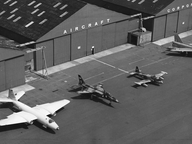 An unusual picture from the tarmac of British Aircraft Corporation (now BAE at Warton). From left: the world famous Canberra comber, Jaguar fighter bomber, Strike master trainer and the 1,500mph Lightning fighter