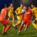 AFC Blackpool's Ben Duffield tries to force his way through the Ashton Town defence Picture: ADAM GEE