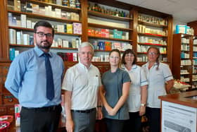 Mark Menzies MP at with (from left) Carl Bamford, Victoria Watson, Alison Thomas and Janet Fisher at Tomlinson's Pharmacy in Lytham