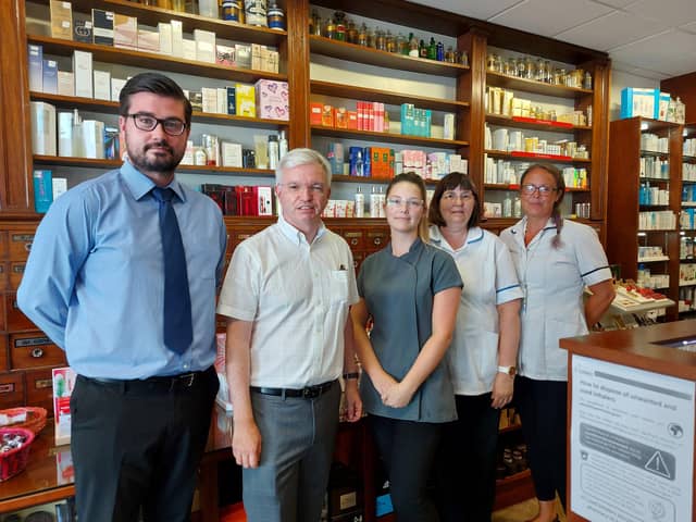 Mark Menzies MP at with (from left) Carl Bamford, Victoria Watson, Alison Thomas and Janet Fisher at Tomlinson's Pharmacy in Lytham