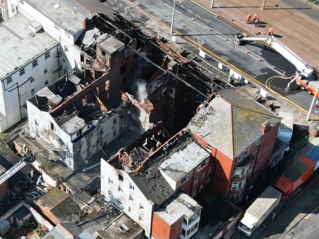 Arial shot as firefighters continue to work to control the devastating blaze at New Hacketts Hotel on Blackpool promenade. Photo by Dave Nelson