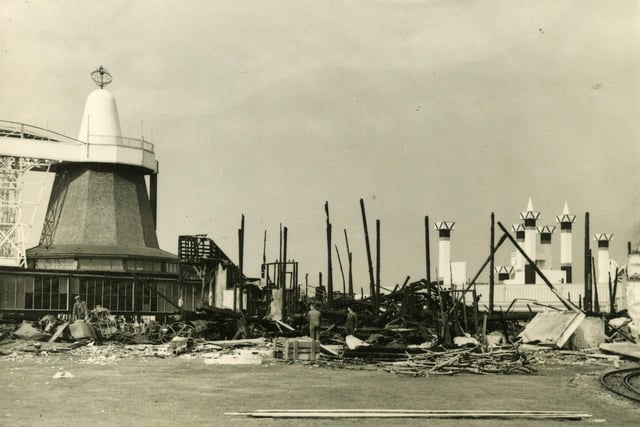 Fire destroyed the Indian Theatre at Blackpool Pleasure beach in 1939. Workmen clearing debris on the site of the fire